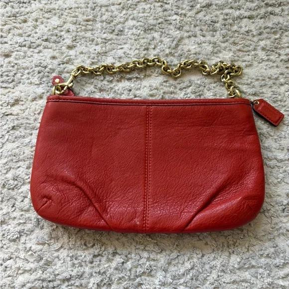 Coach Red Leather Wristlet with Gold Chain Strap - Picture 4 of 5